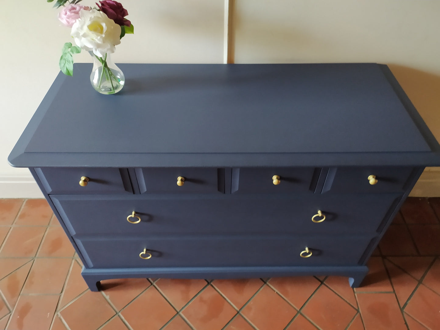 Chest of drawers, vintage Stag Minstrel furniture finished in Matt Navy Blue