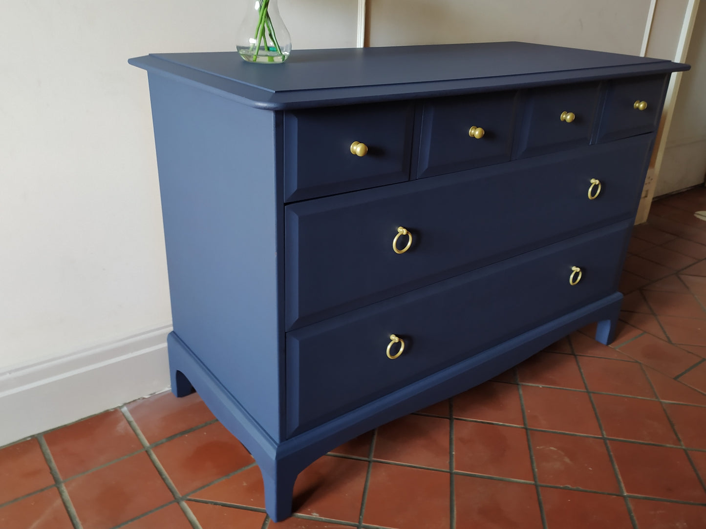 Chest of drawers, vintage Stag Minstrel furniture finished in Matt Navy Blue
