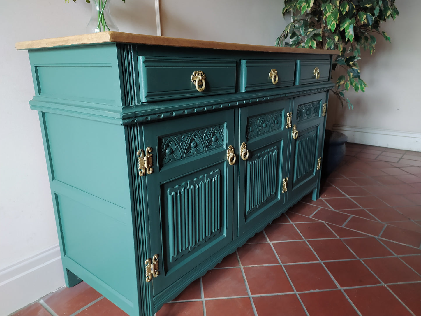 855 : Old Charm sideboard 3 door finished in Ottillie Green solid Oak