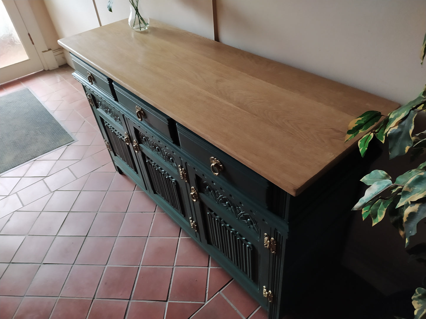 855 : Old Charm sideboard 3 door finished in Ottillie Green solid Oak