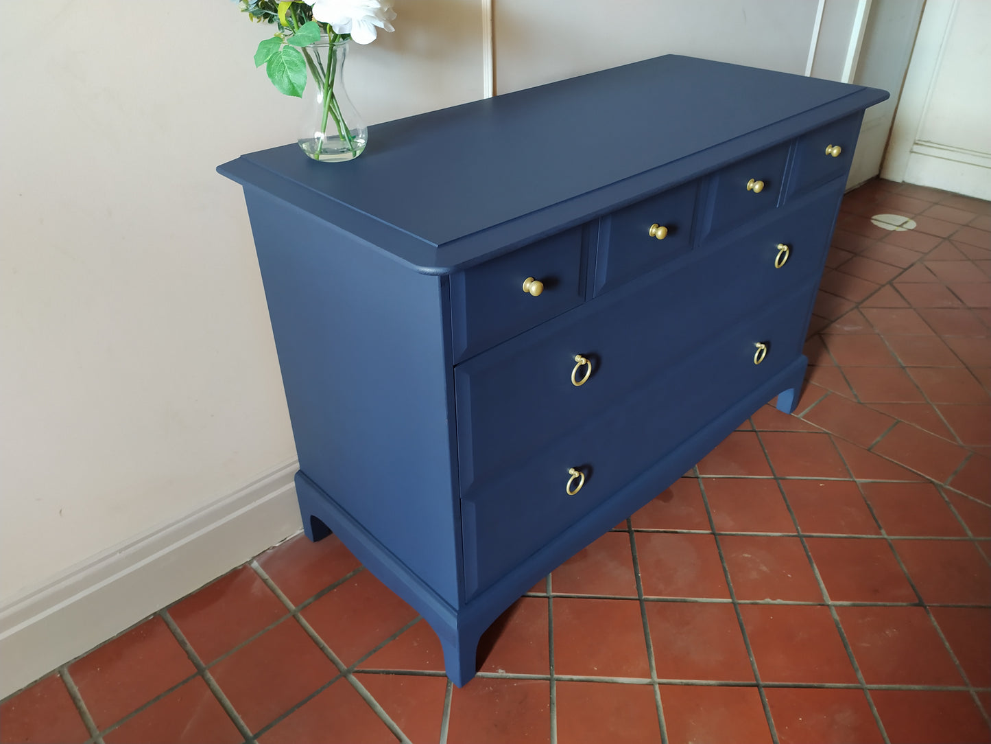 Chest of drawers, vintage Stag Minstrel furniture finished in Matt Navy Blue