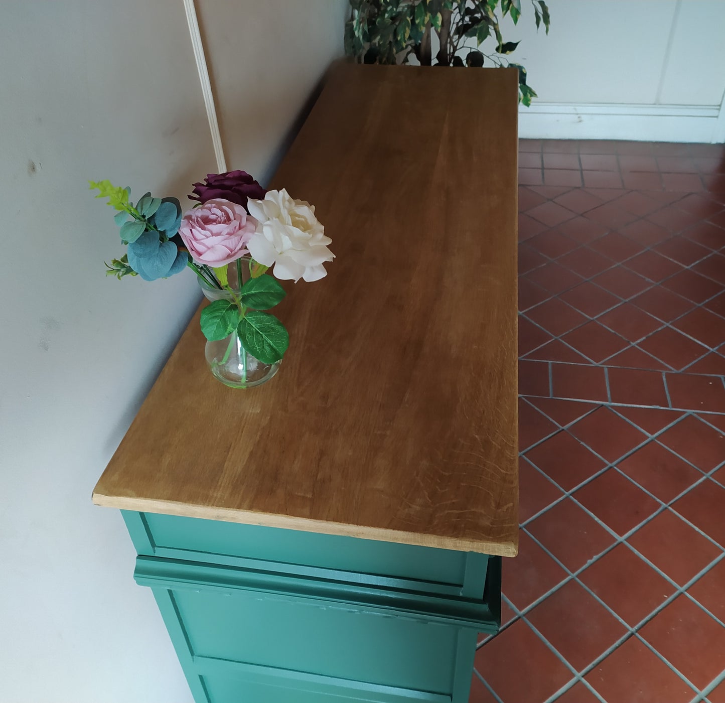 855 : Old Charm sideboard 3 door finished in Ottillie Green solid Oak