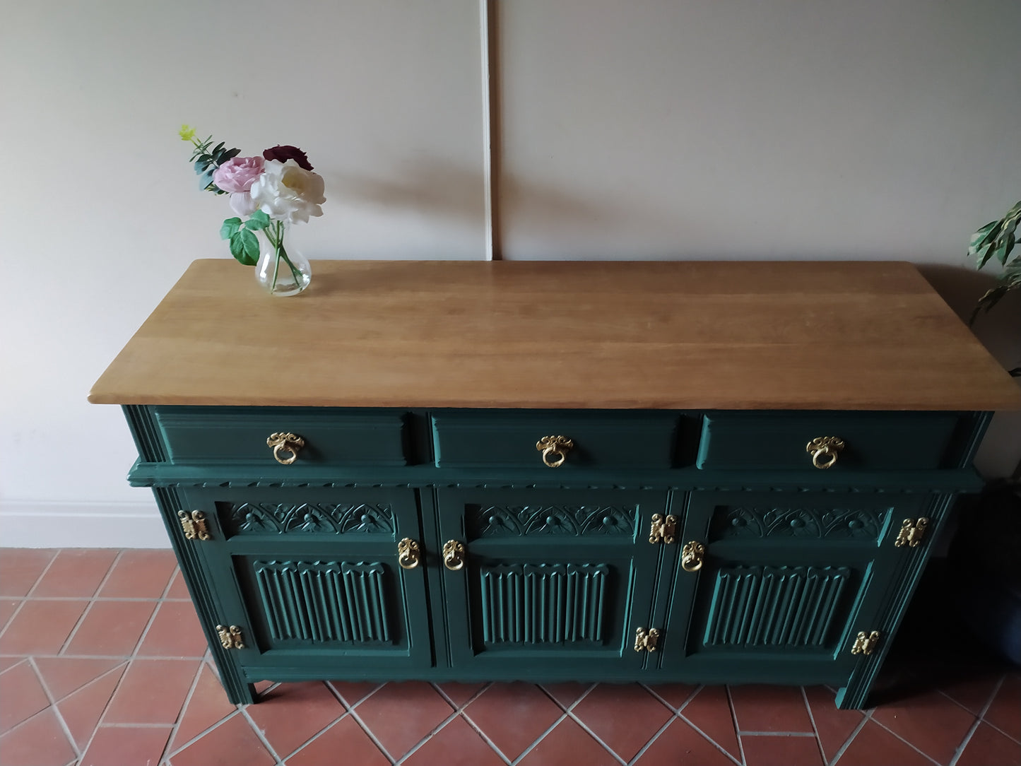 855 : Old Charm sideboard 3 door finished in Ottillie Green solid Oak