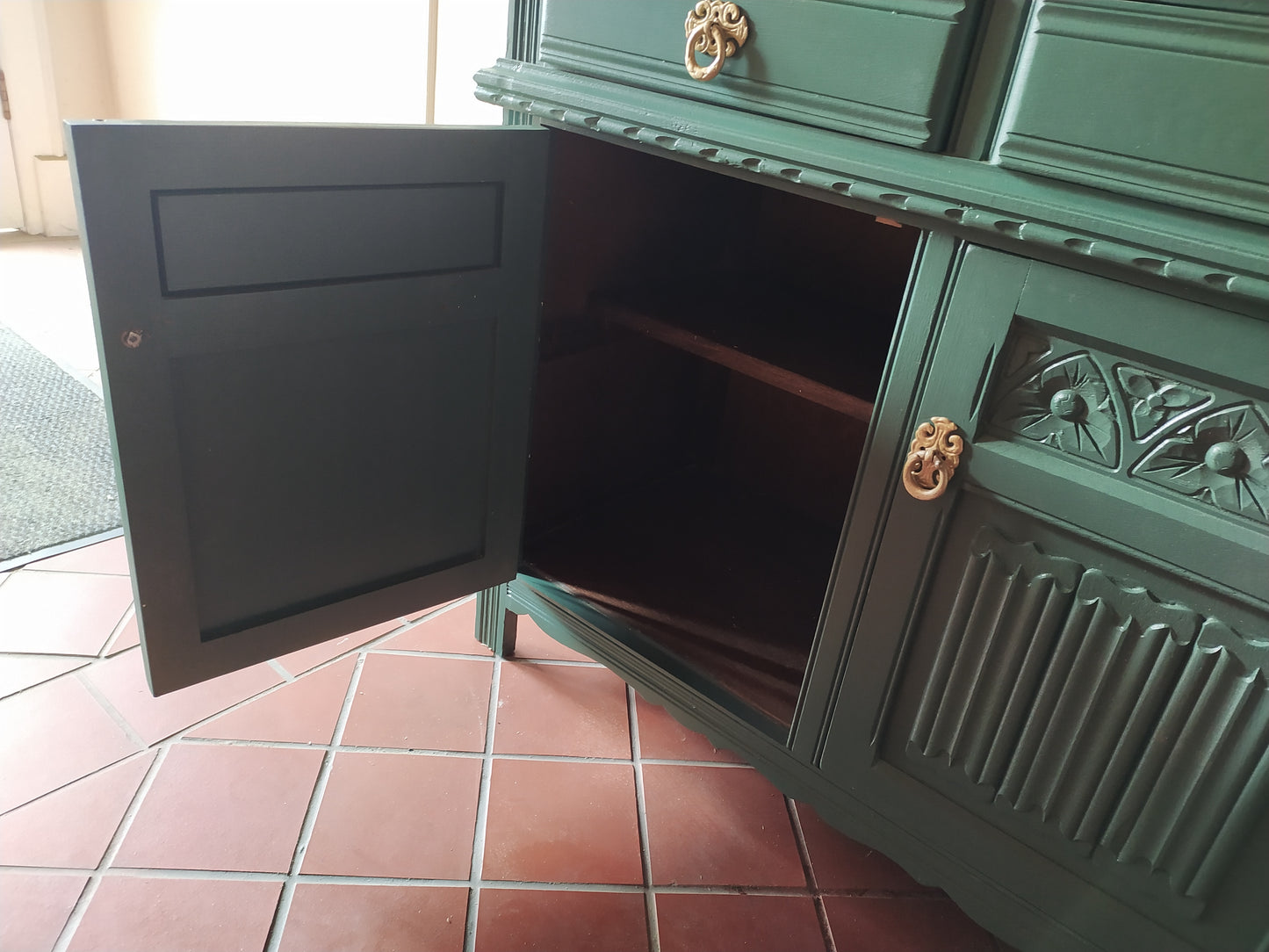 855 : Old Charm sideboard 3 door finished in Ottillie Green solid Oak