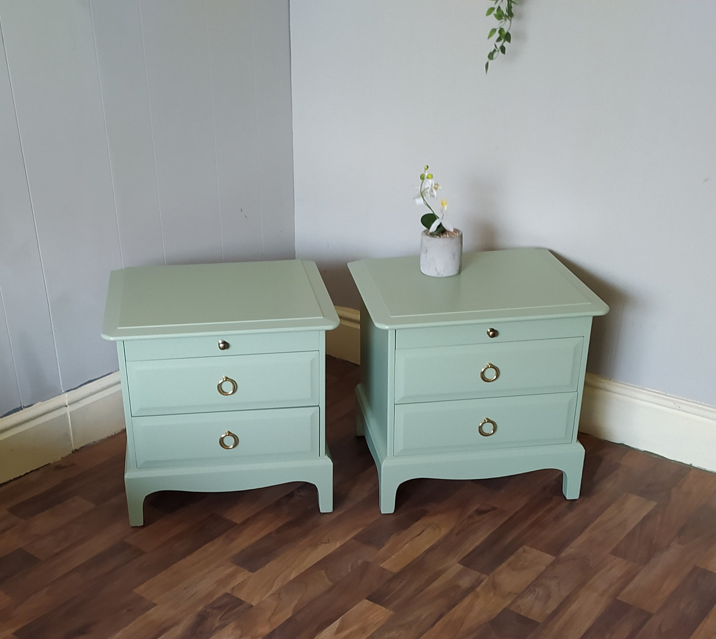 861 : Stag Minstrel vintage bedside cabinets with drawer spray painted