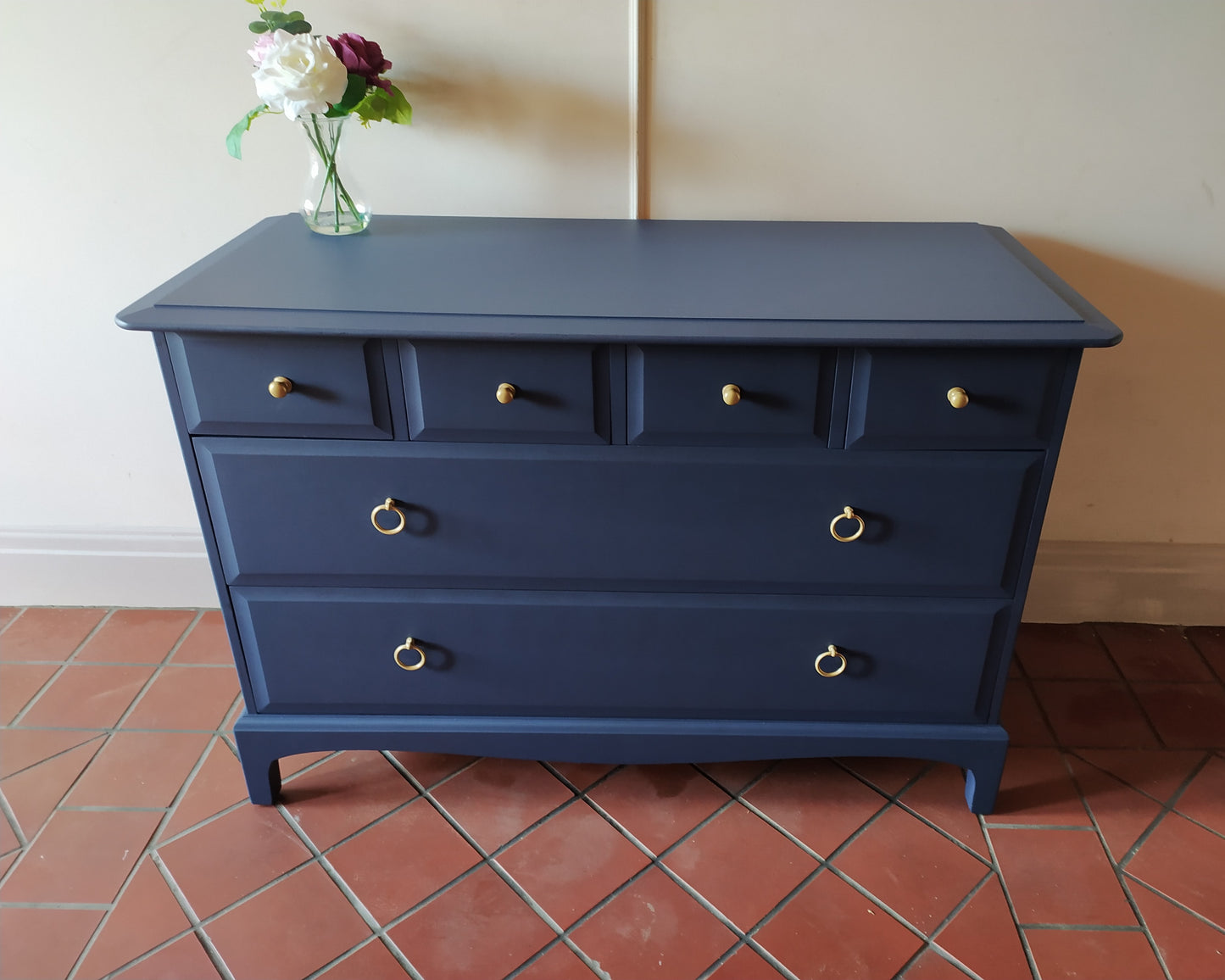 Chest of drawers, vintage Stag Minstrel furniture finished in Matt Navy Blue
