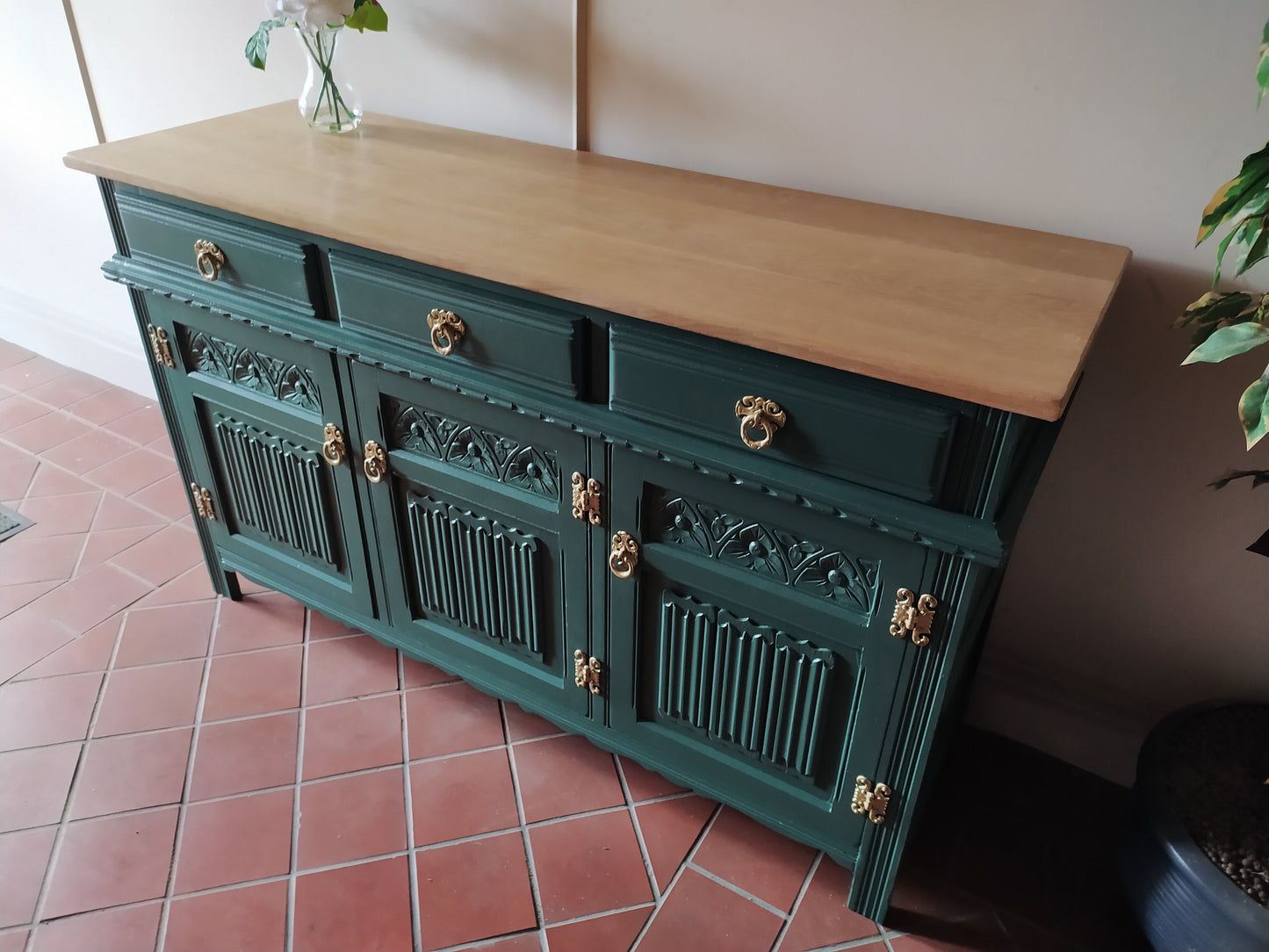 855 : Old Charm sideboard 3 door finished in Ottillie Green solid Oak