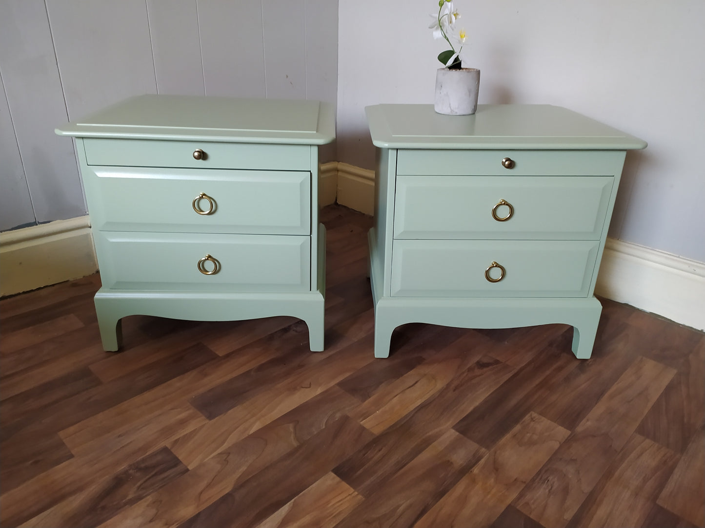 861 : Stag Minstrel vintage bedside cabinets with drawer spray painted