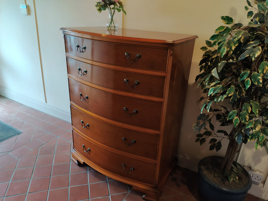 856 : Vintage Bow front chest of drawers Yew veneer