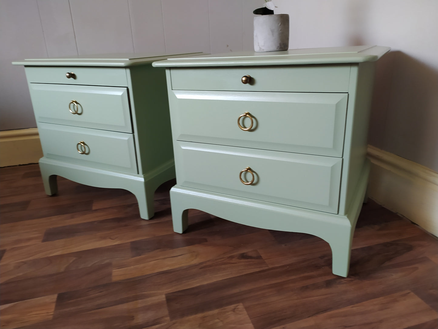 861 : Stag Minstrel vintage bedside cabinets with drawer spray painted