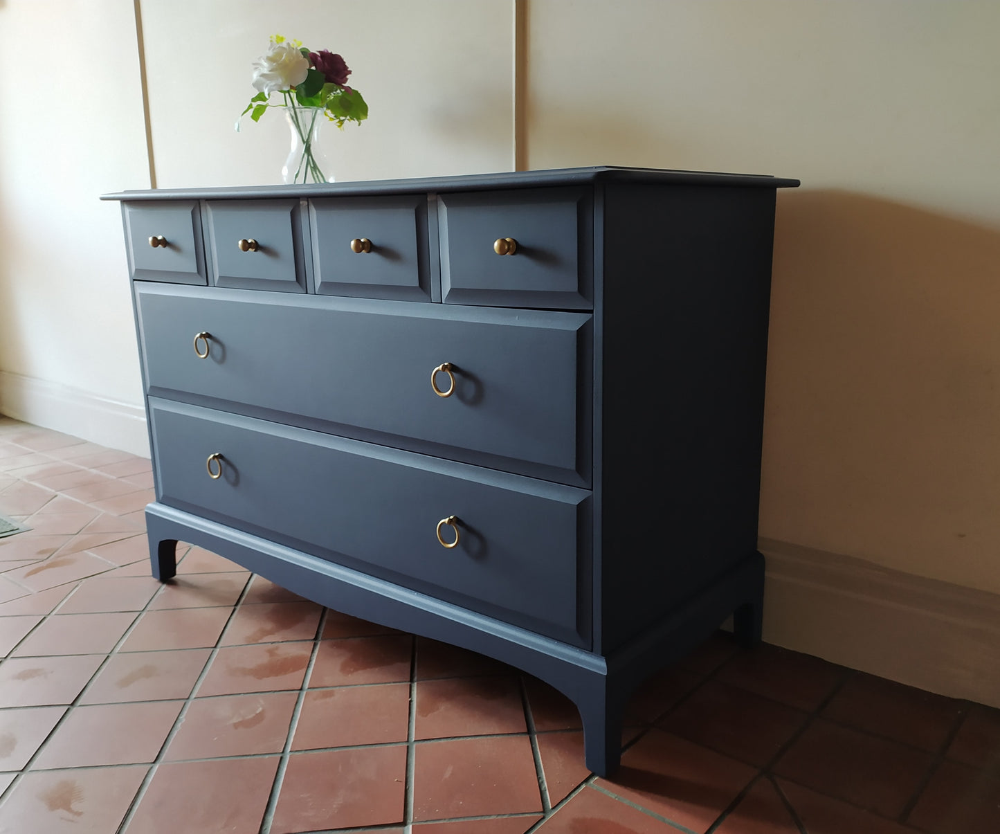 Chest of drawers, vintage Stag Minstrel furniture finished in Matt Navy Blue