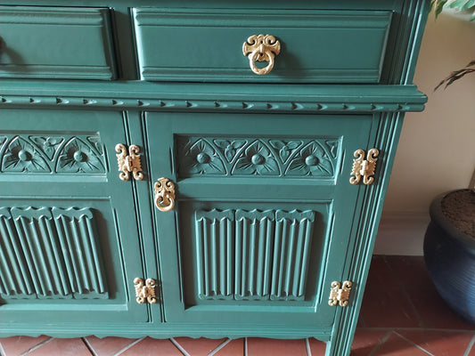 855 : Old Charm sideboard 3 door finished in Ottillie Green solid Oak