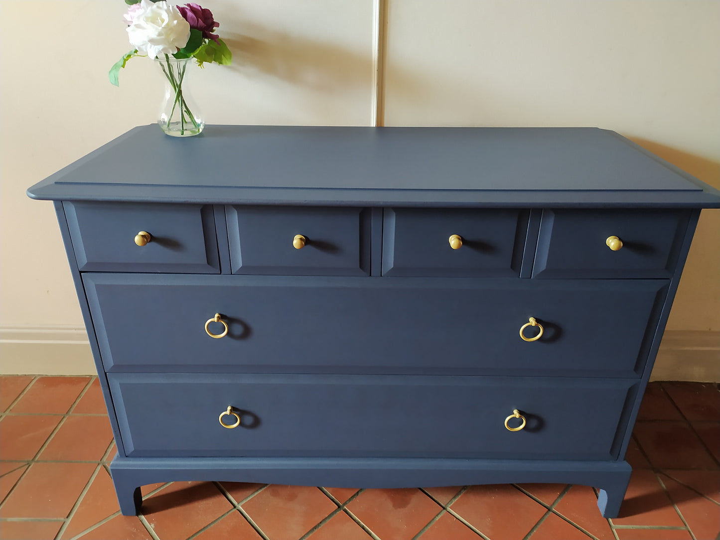 Chest of drawers, vintage Stag Minstrel furniture finished in Matt Navy Blue