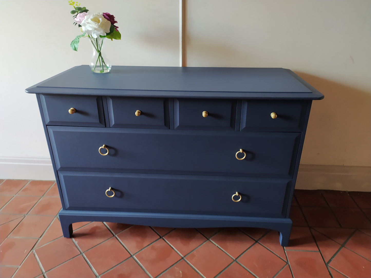 Chest of drawers, vintage Stag Minstrel furniture finished in Matt Navy Blue
